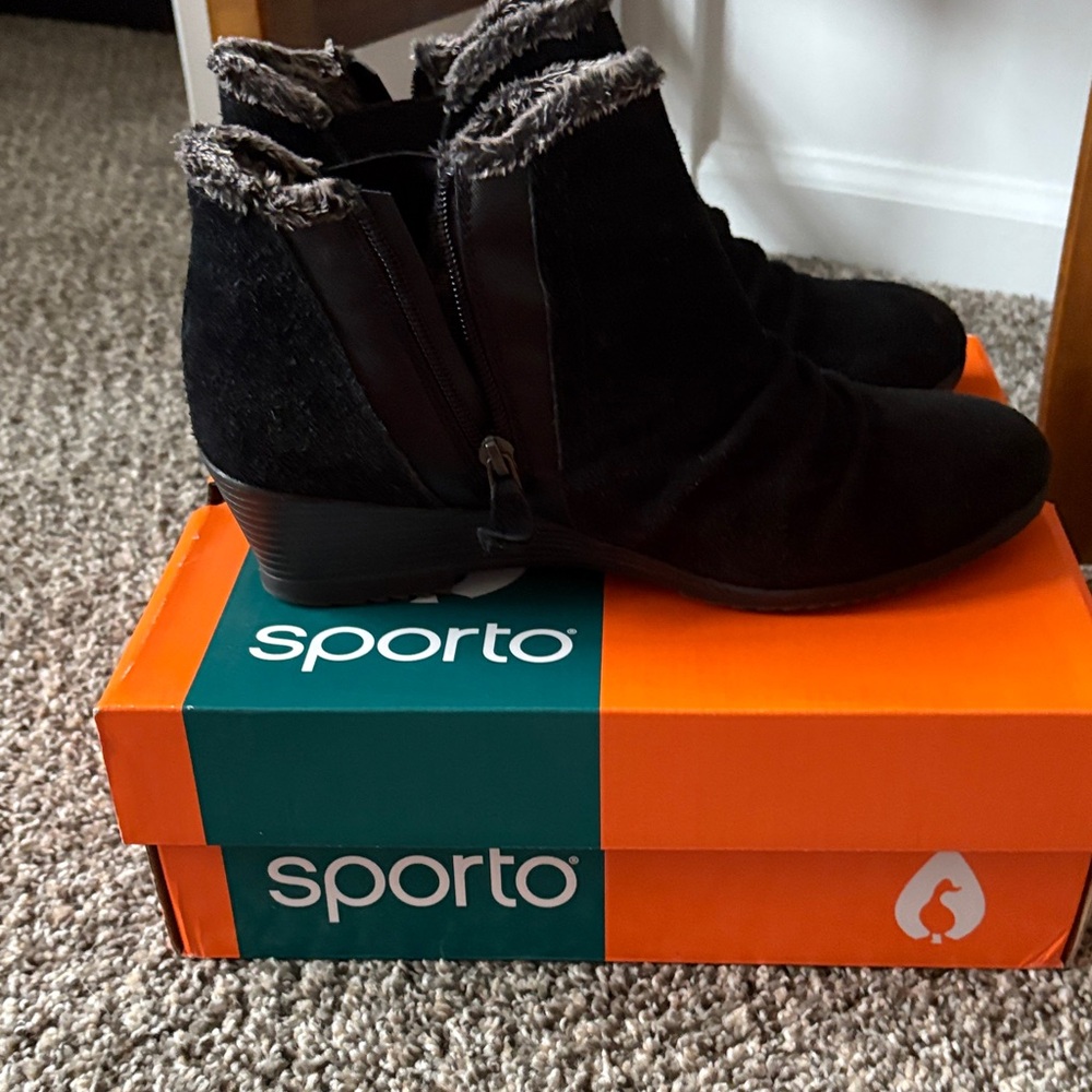 Sporto Black Faux Fur Trim Ankle Boots